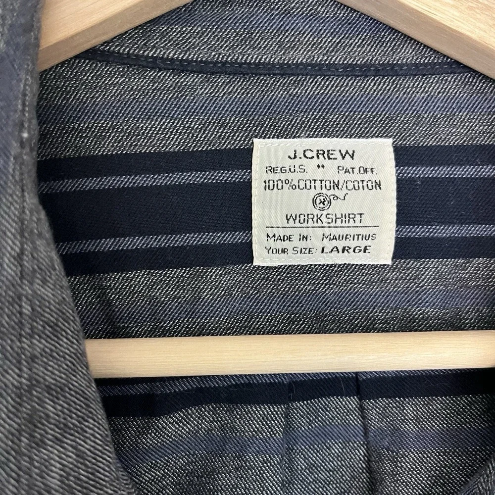 J. Crew Work Shirt Mens Large Stripped Gray Navy‎ Long Sleeve Cotton Button Down